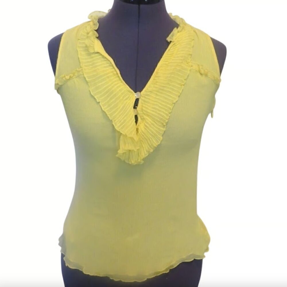 Beth Bowley Yellow 100% Silk Pleated Ruffle Crepe Top Blouse • Size 2 🔴